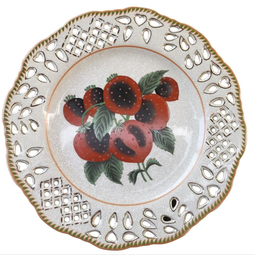 Set of Two Vintage Reticulated Porcelain Plates With Botanical Fruit Design 10.5